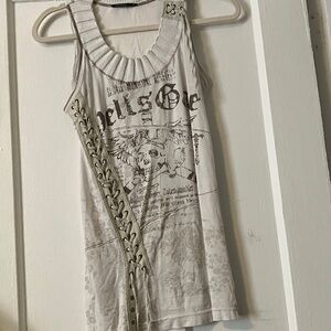 Salvage Beige Graphic Lace-Up Tank Top